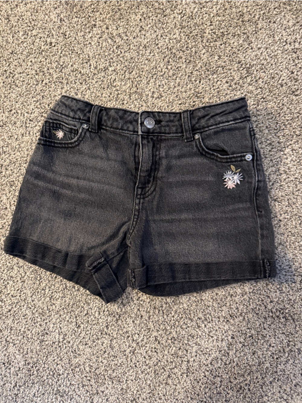 Cat & Jack Black Denim Girls Shorts with Floral Embroidery - Size L (10-12)